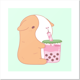 Cute Guinea Pig Drinking Strawberry Bubble Tea Posters and Art